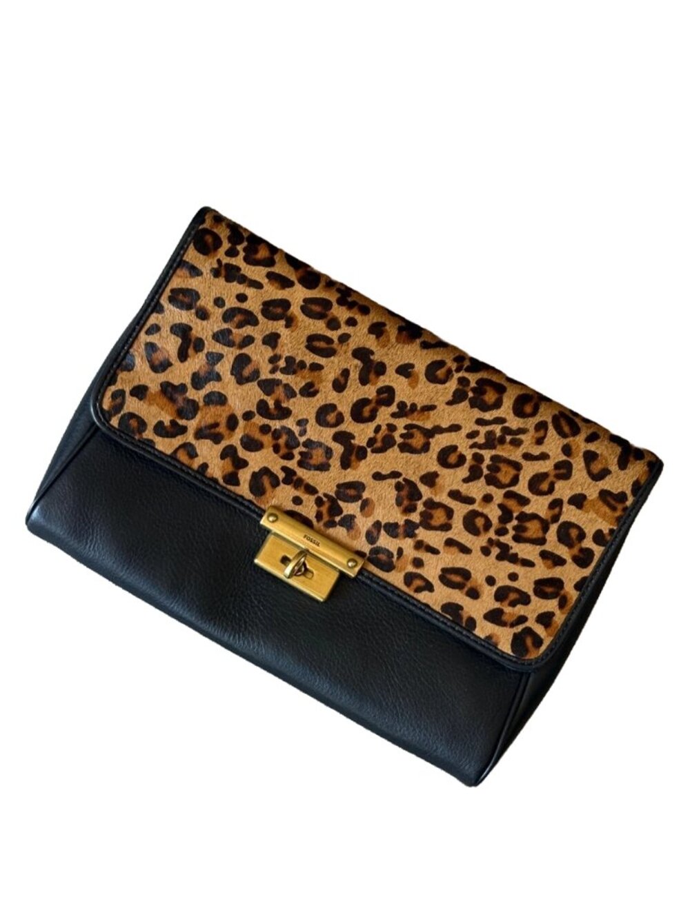 Fossil Leopard Print and Black Leather Turn-Lock Clutch